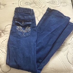 flared blue embroidery jeans